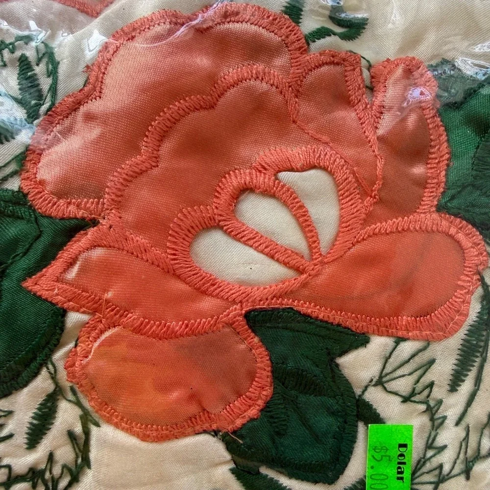 Vintage Peach Ecru Satin Embroidered Curtain Set Festoon Floral 48x95 NOS Farm‎